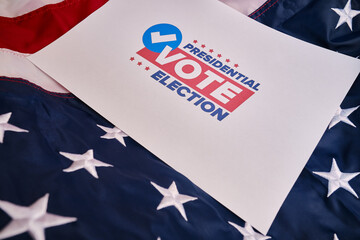 Fototapeta premium Vote! United States flag. Presidential Election in USA. Vote day in November. US Election. Patriotic american element. For poster or banner