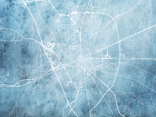 Illustration of a map of the city of  Valdosta Georgia in the United States of America with white roads on a icy blue frozen background.
