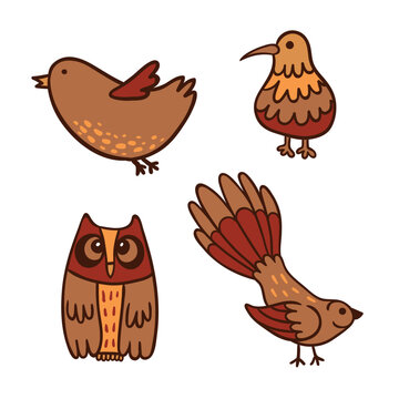 Cute wild birds color icons set on white animal characters