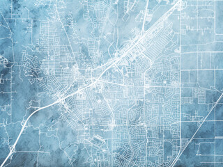 Illustration of a map of the city of  Vacaville California in the United States of America with white roads on a icy blue frozen background.