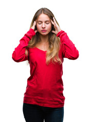 Obraz na płótnie Canvas Young beautiful blonde woman wearing red sweater over isolated background with hand on head for pain in head because stress. Suffering migraine.