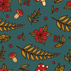 Forest plants abstract seamless pattern on green background