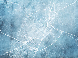 Illustration of a map of the city of  Waco Texas in the United States of America with white roads on a icy blue frozen background.