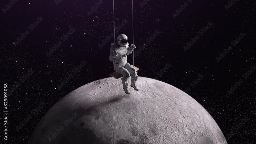 Poster astronaut swings on a rope swing in the open space. moon below. starry sky on background. 3d animati