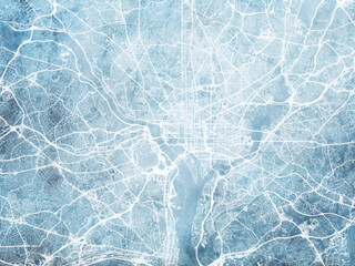 Illustration of a map of the city of  Washington Metro District of Columbia in the United States of America with white roads on a icy blue frozen background.