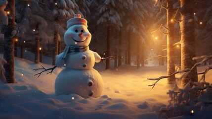 Fototapeta premium A snowman with flashlights stands in the snow in the forest