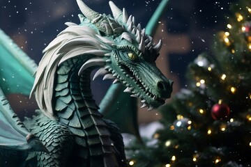 Green wooden dragon near the Christmas tree