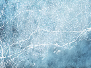 Illustration of a map of the city of  Westport Connecticut in the United States of America with white roads on a icy blue frozen background.
