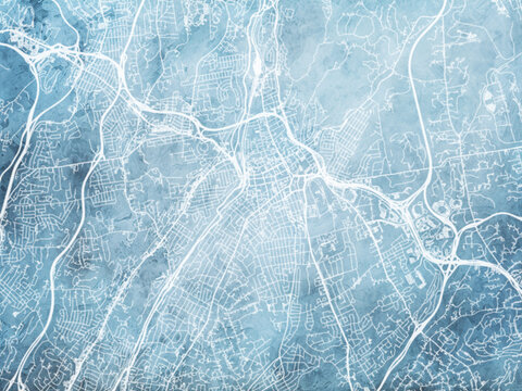 Illustration of a map of the city of  White Plains New York in the United States of America with white roads on a icy blue frozen background.