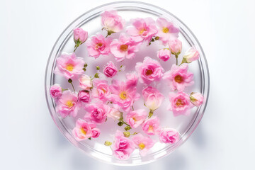 Obraz na płótnie Canvas Top view of delicate pastel pink roses in clear water in round plate on a white background. Spring wallpaper, copy space. Generative AI professional photo imitation.
