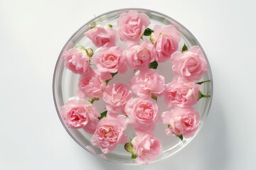 Top view of delicate pastel pink roses in clear water in round plate on a white background. Spring wallpaper, copy space. Generative AI professional photo imitation.