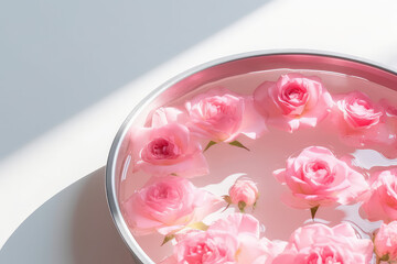 Top view of delicate pastel pink roses in clear water in round plate on a white background. Spring wallpaper, copy space. Generative AI professional photo imitation.