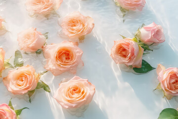 Obraz na płótnie Canvas Top view of delicate pastel pink roses in clear water on a white background. Spring wallpaper, copy space. Generative AI professional photo imitation.