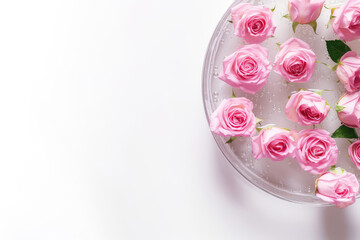 Top view of delicate pastel pink roses in clear water in round plate on a white background. Spring wallpaper, copy space. Generative AI professional photo imitation.