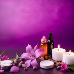 Beautiful spa composition on purple background. Natural skincare cosmetic products