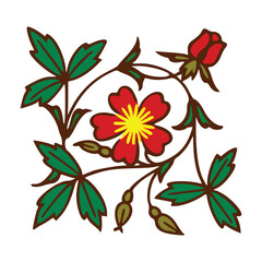 Vector illustration of a red flower with green leaves isolated on white background