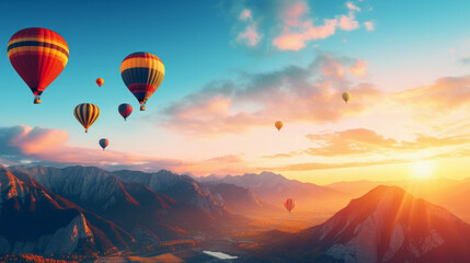 Fototapeta premium Many colorful hot air balloons in the sky over the mountains at sunrise