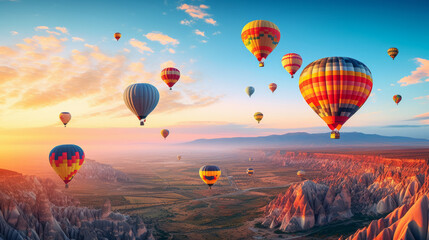 Naklejka premium Many colorful hot air balloons in the sky over the mountains at sunrise