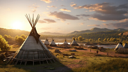 View of an indian native american village with teepee tents