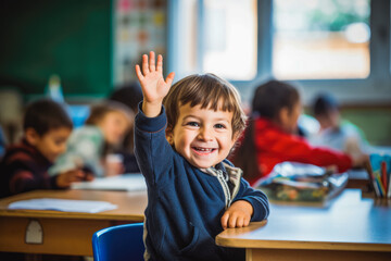 Smiling boy raising hand in classroom to answer question. Learning and school concept. Generative AI
