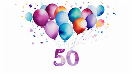 Watercolor 50th birthday clip art with 50 figures and balloons isolated on white background
