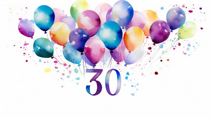 Watercolor 30th birthday clip art with 30 figures and balloons isolated on white background
