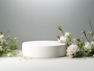 white podium for product presentation with green leaves and flowers