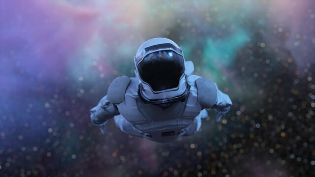 Space concept. Astronaut flies past purple clouds. Space. The clouds revolve around the astronaut. 3D animation