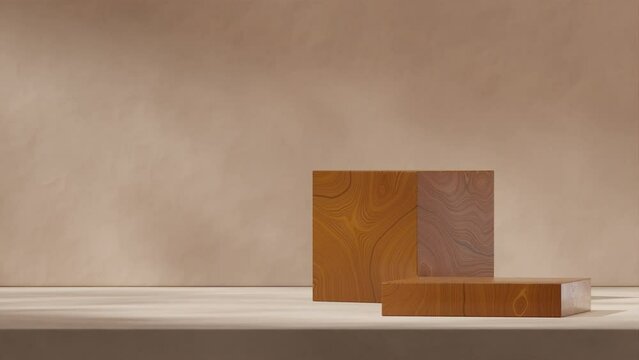 3d video render template mockup of block shape wood grain podium seamless shadow animation looping with rough textured brown wall
