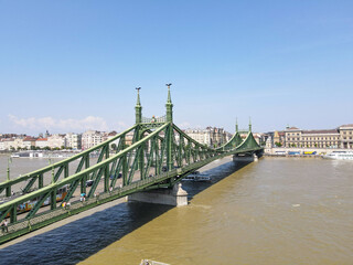 Fototapeta premium Drone view at the liberty bridge of Budapest on Hungary