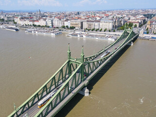 Obraz premium Drone view at the liberty bridge of Budapest on Hungary