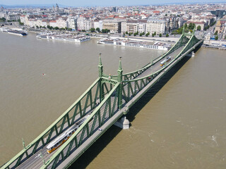 Drone view at the liberty bridge of Budapest on Hungary