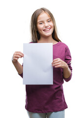Fototapeta premium Young beautiful girl holding blank sheet paper over isolated background with a happy face standing and smiling with a confident smile showing teeth