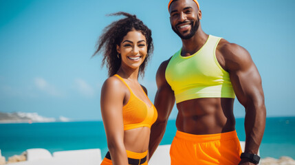 Smiling black couple wearing colorful sportswear like crop top showing muscular abs - obrazy, fototapety, plakaty