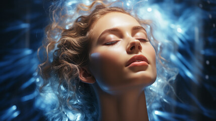 Naklejka premium Portrait of a woman doing energy therapy with energy power flowing around her