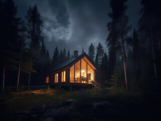 Night view of a beautiful cabin in the woods with panoramic windows. 