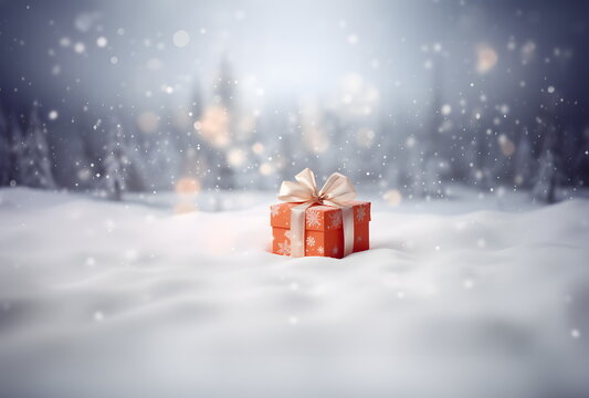 A christmas present wrapped in red wrapping paper lying in the snow, xmas surprise gift