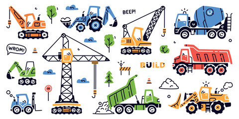Fototapeta na wymiar Construction Equipment and Heavy Machines for Industrial Work Vector Set