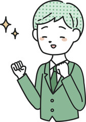 喜ぶスーツを着た男性