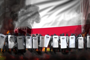 Poland police officers on city street are protecting state against demonstration - protest stopping concept, military 3D Illustration on flag background