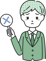 バツの札を持つスーツを着た男性