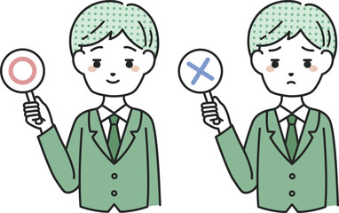 マルとバツの札を持つスーツを着た男性