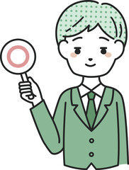 マルの札を持つスーツを着た男性