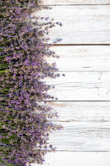 Fresh lavender on a white wooden table. View from above. Copy space. Nature summer background