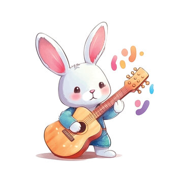  Cute bunny playing guitar watercolor paint.