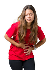 Young beautiful brunette woman wearing red t-shirt over isolated background with hand on stomach because nausea, painful disease feeling unwell. Ache concept.