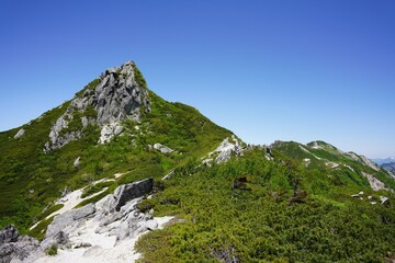 北アルプス　烏帽子岳の鋭い岩峰