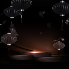 Dark composition with podium, Chinese lanterns in paper art style