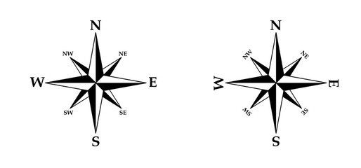 Cartoon magnetic compass, arrow compass icon. Navigational compass with cardinal directions of North, East, South, West. Geographical position, cartography and navigation symbol. marine compass