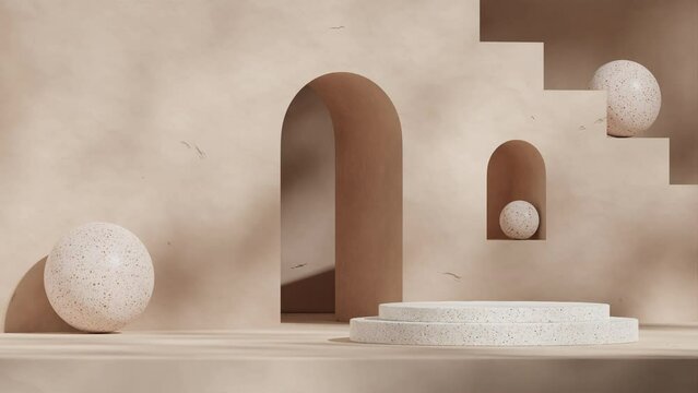 looping seamless shadow animation with brown textured wall and stairs, rendering 3d footage template mockup of terrazzo pattern cylinder podium